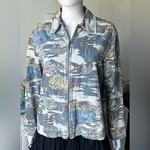Chicos Jacket Denim Cotton Tropical Print in Blue White Chico Size 2 = L